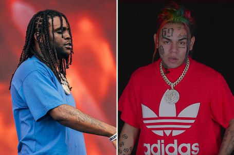 chief keef on the left side in a blue shirt and layered chains on stage. right side takashi 6ix9ine in a red addidas shirt and big chain, rainbow colored hair. 